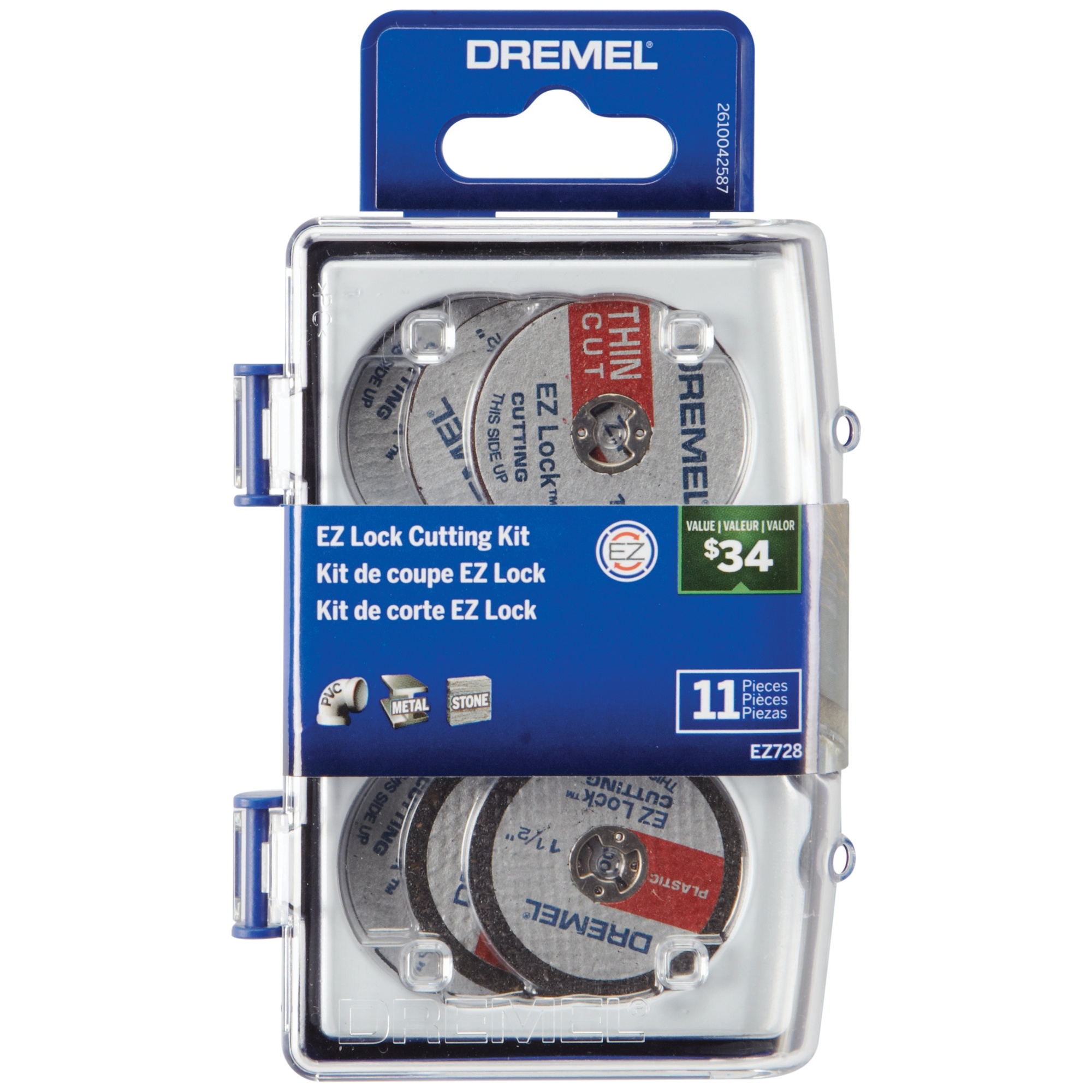 Dremel 11-Piece EZ Lock Cutting Accessory Kit — Thin Cut Wheels, Metal Cut-Off Wheels, Plastic Cut-Off Wheels, Mandrel, Model# EZ728-01